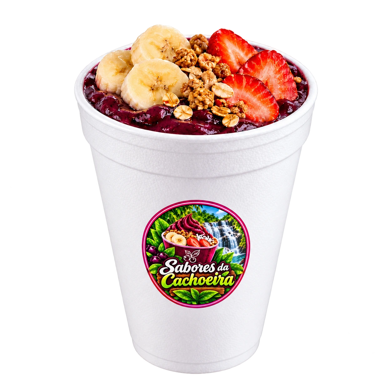Juçara cremosa com banana, morango e granola em copo térmico branco de isopor com a logo Sabores da Cachoeira